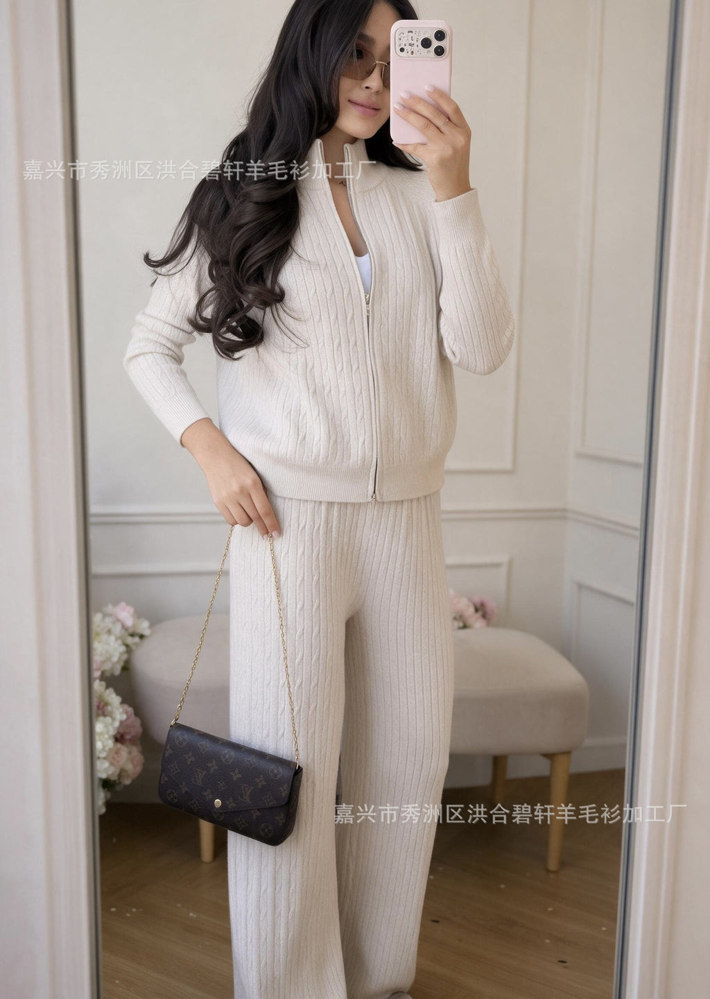 Knitted Two-Piece Outfit: Cross-border braided zipper cardigan + pants two-piece set for women