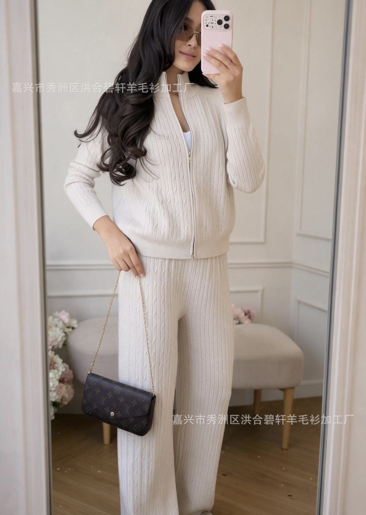 Knitted Two-Piece Outfit: Cross-border braided zipper cardigan + pants two-piece set for women