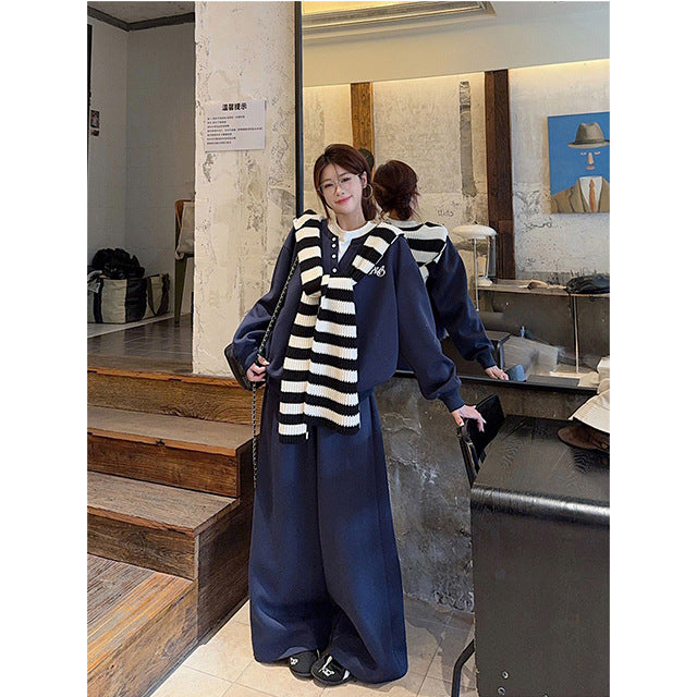 High-end casual sportssuit female autumn student loose slimming Korean version fashion sweatshirt wide-leg pants two-piece set