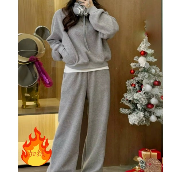 2026 Fashion Sportswear Set: Fleece-Lined Thickened Stand Collar Half Zipper Sweatshirt and Pants, Youthful Design Two-Piece Set for Women