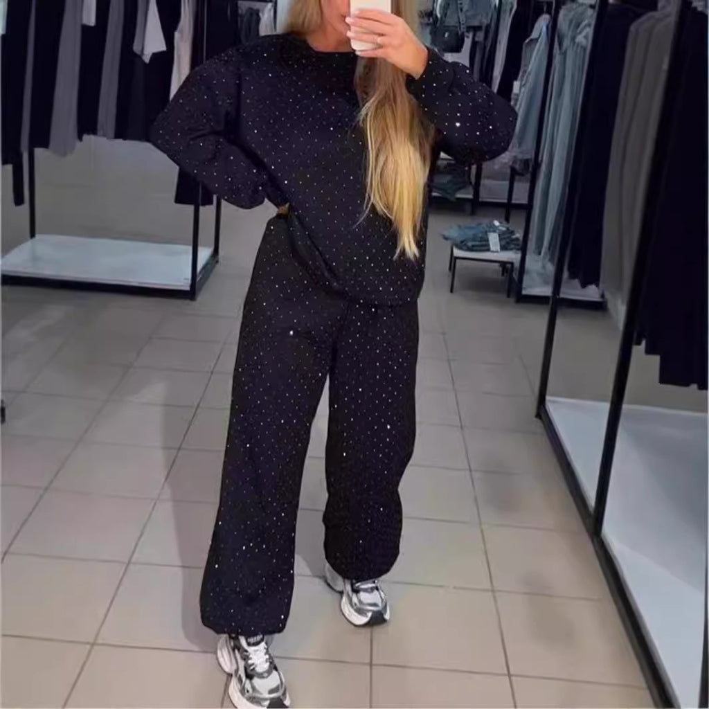 Women's casual round neck, long sleeves drawstring and leg two-piece suit