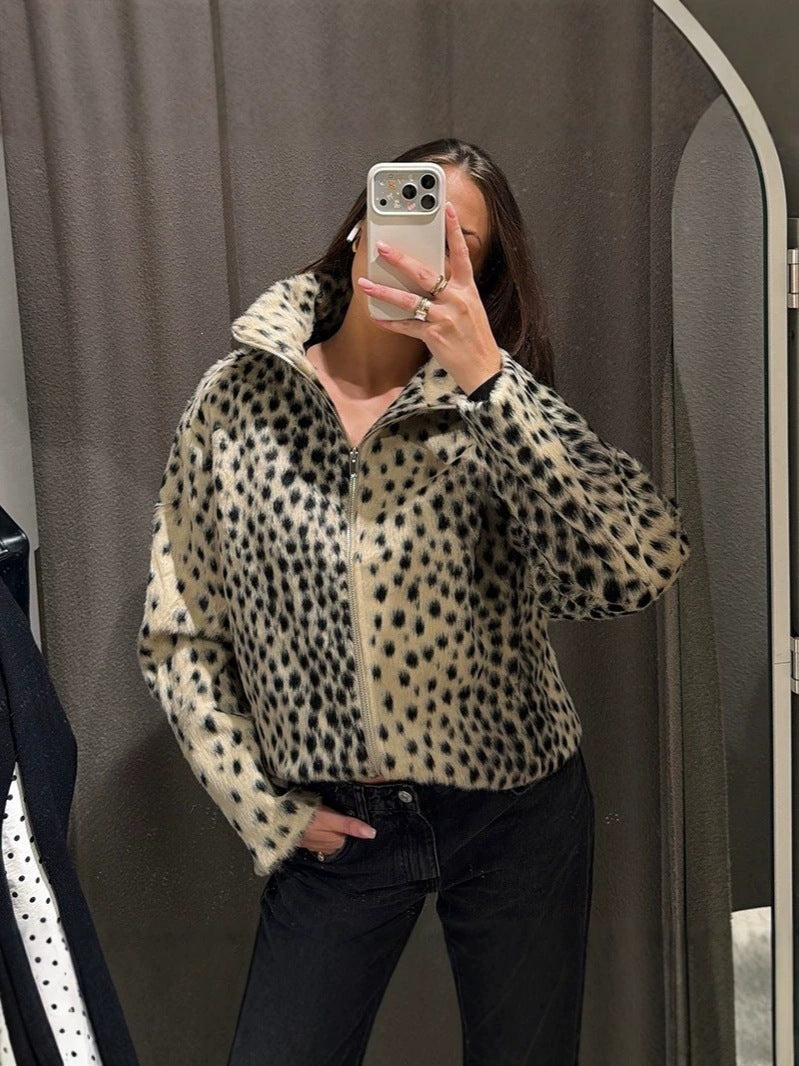 Leopard print women's long-sleeve loose autumn/winter zipper European and American vintage cross-border plush jacket, faux fur stand collar, others
