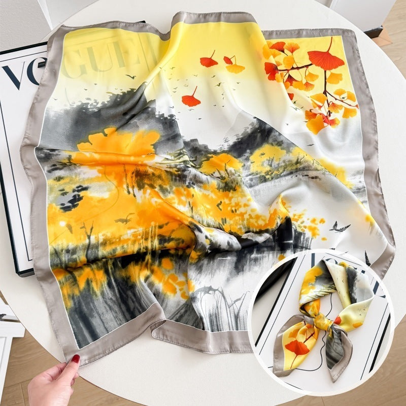 Small square scarf, Chinese style camellia spring and autumn silk scarf for women, Korean style versatile elegant imitation silk scarf, neckscarf tie, bag, and hair tie