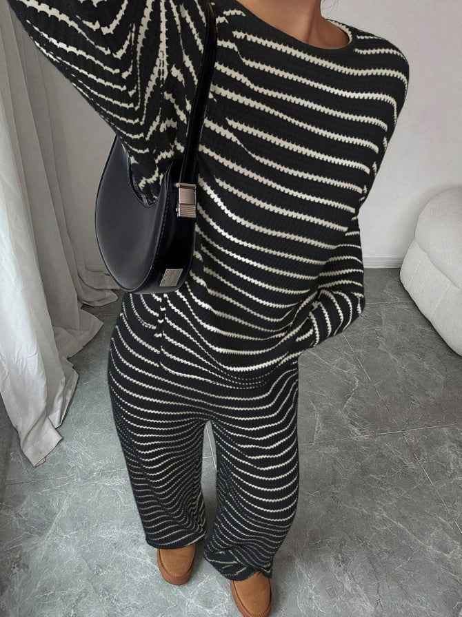 2026 European and American Cross-border Women's Wear Amazon Independent Site Autumn/Winter New Striped Crew Neck Long Sleeve and Long Pants Two-Piece Set