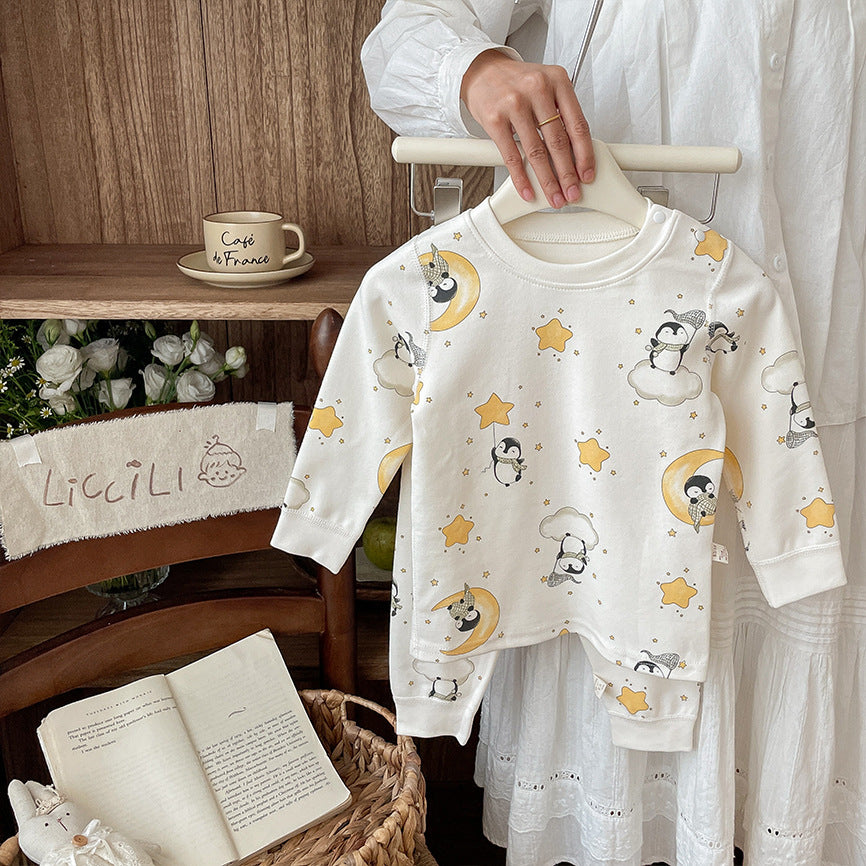 Children's autumn/winter velvet 300g thickened pure cotton autumn shirts and pants homewear set, Class A boneless