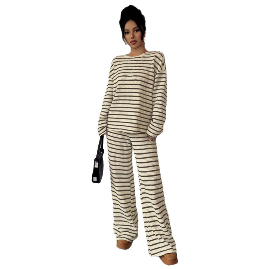 2026 European and American Cross-border Women's Wear Amazon Independent Site Autumn/Winter New Striped Crew Neck Long Sleeve and Long Pants Two-Piece Set