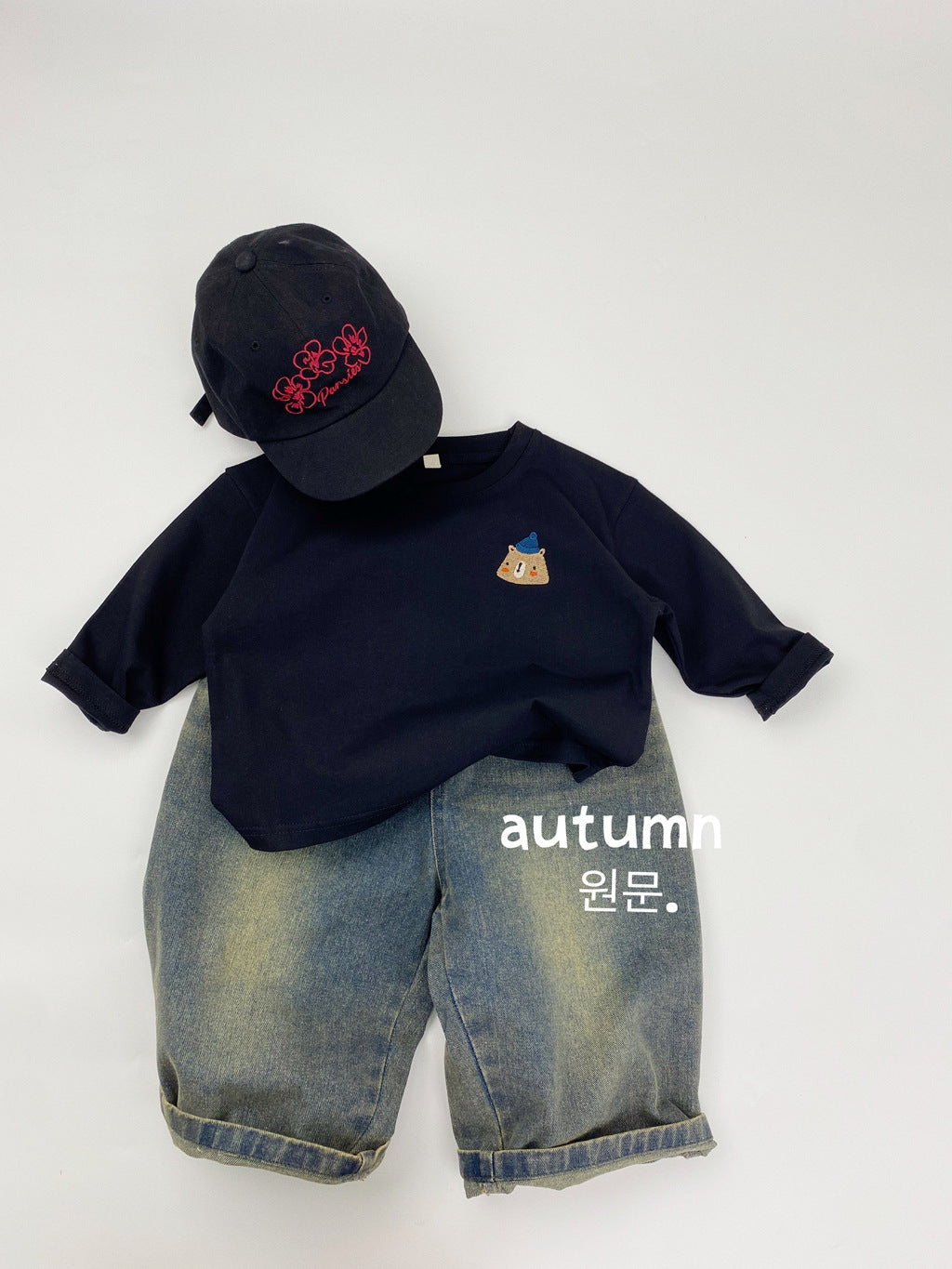 Children's T-shirt long sleeve autumn new Korean version boys' and girls' cartoon embroidered striped base shirt solid color versatile top