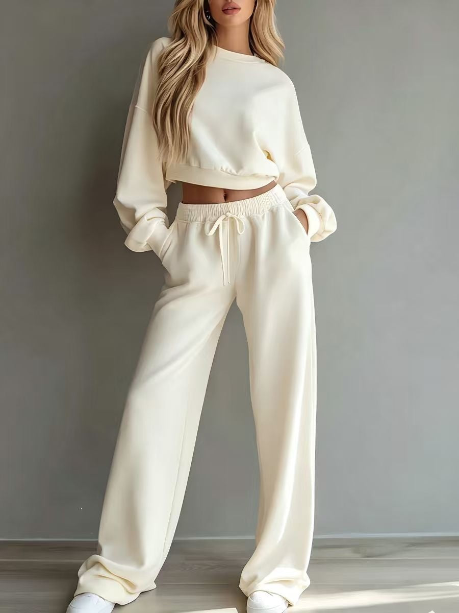 2026 cross-border European and American new autumn/winter casual ultra-short crew neck long-sleeve sweatshirt and wide-leg pants set for women