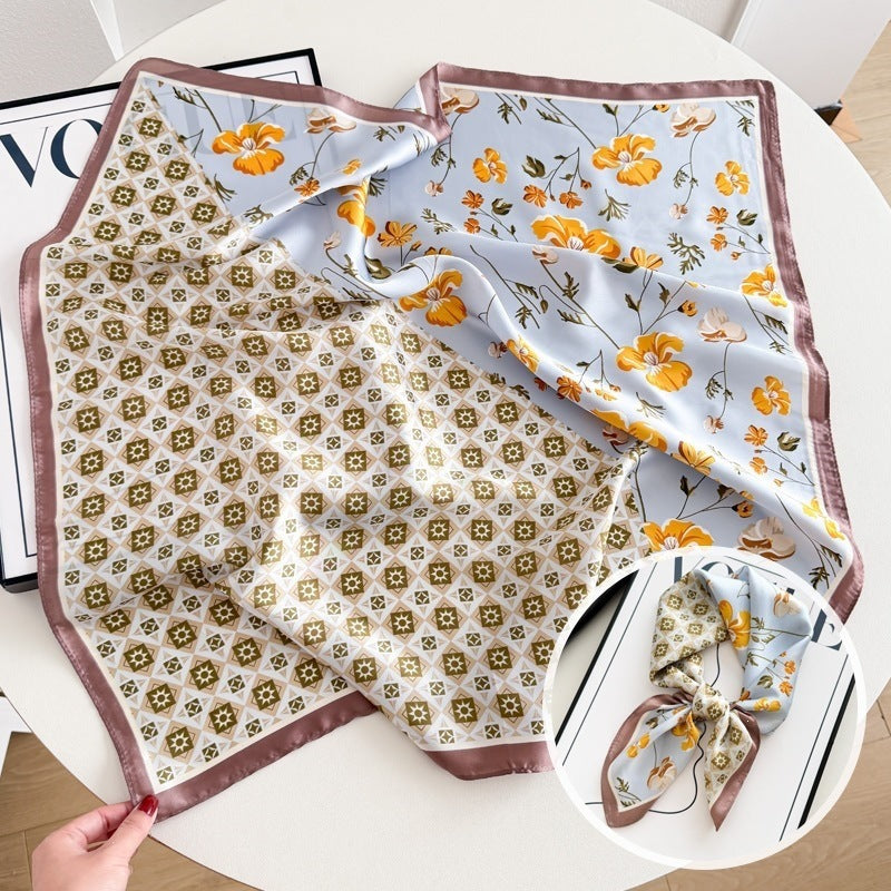 Small square scarf, Chinese style camellia spring and autumn silk scarf for women, Korean style versatile elegant imitation silk scarf, neckscarf tie, bag, and hair tie