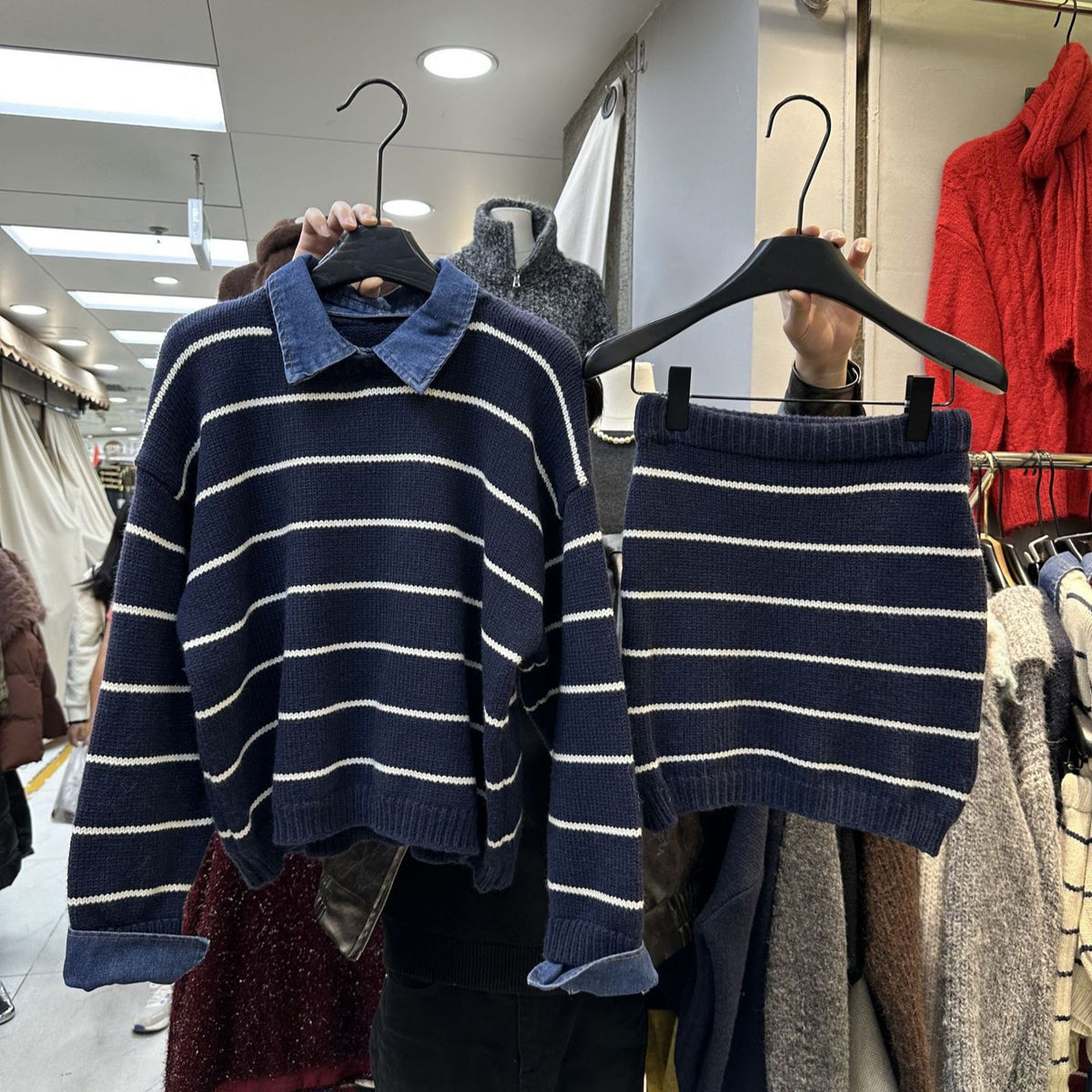Denim lapel faux two-piece striped knit set, women's short loose sweater, high-waisted short skirt two-piece set