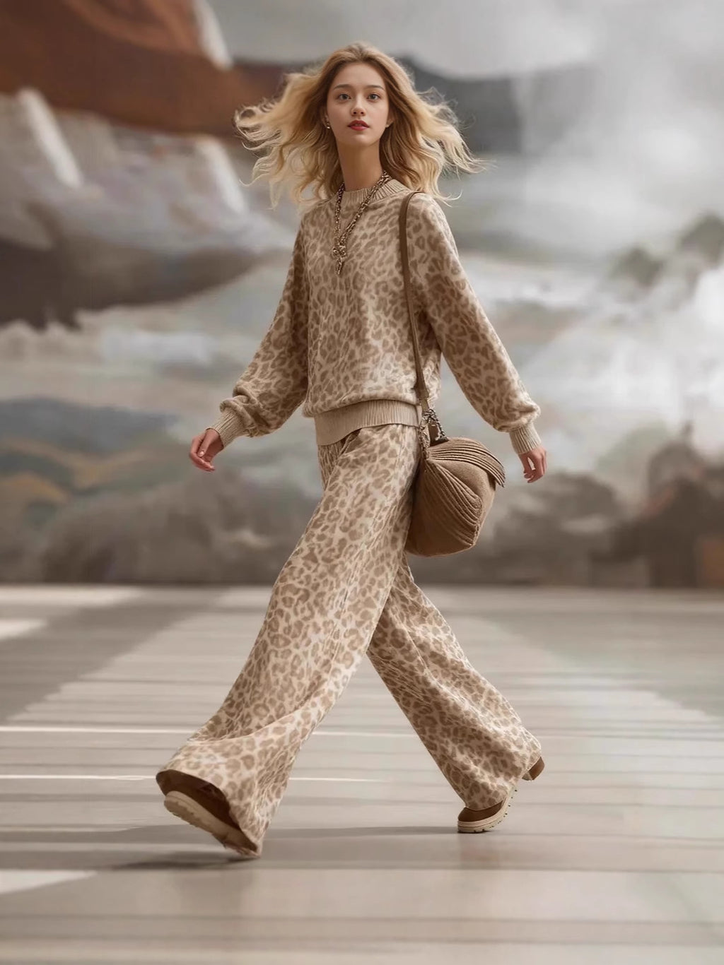 Fall/Winter 2025 Europe, America, Amazon cross-border light brown leopard print suit, long-sleeved slim sweatshirt, retro slacks, women