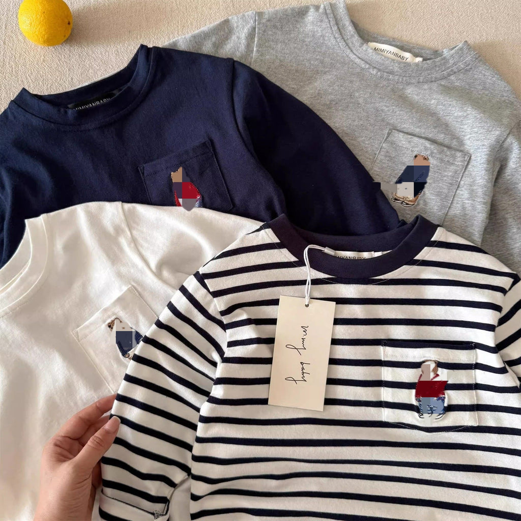 Children's long-sleeve T-shirt 2026 autumn boys' Japanese bear base shirt, baby kids' striped inner layered kids' T-shirt