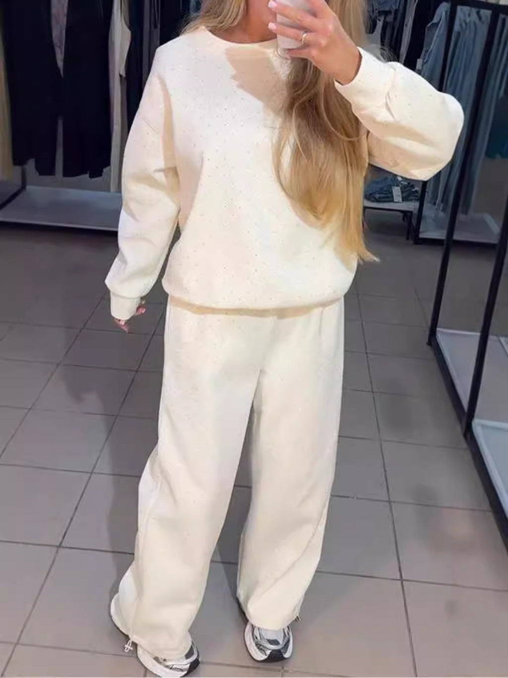 Women's casual round neck, long sleeves drawstring and leg two-piece suit