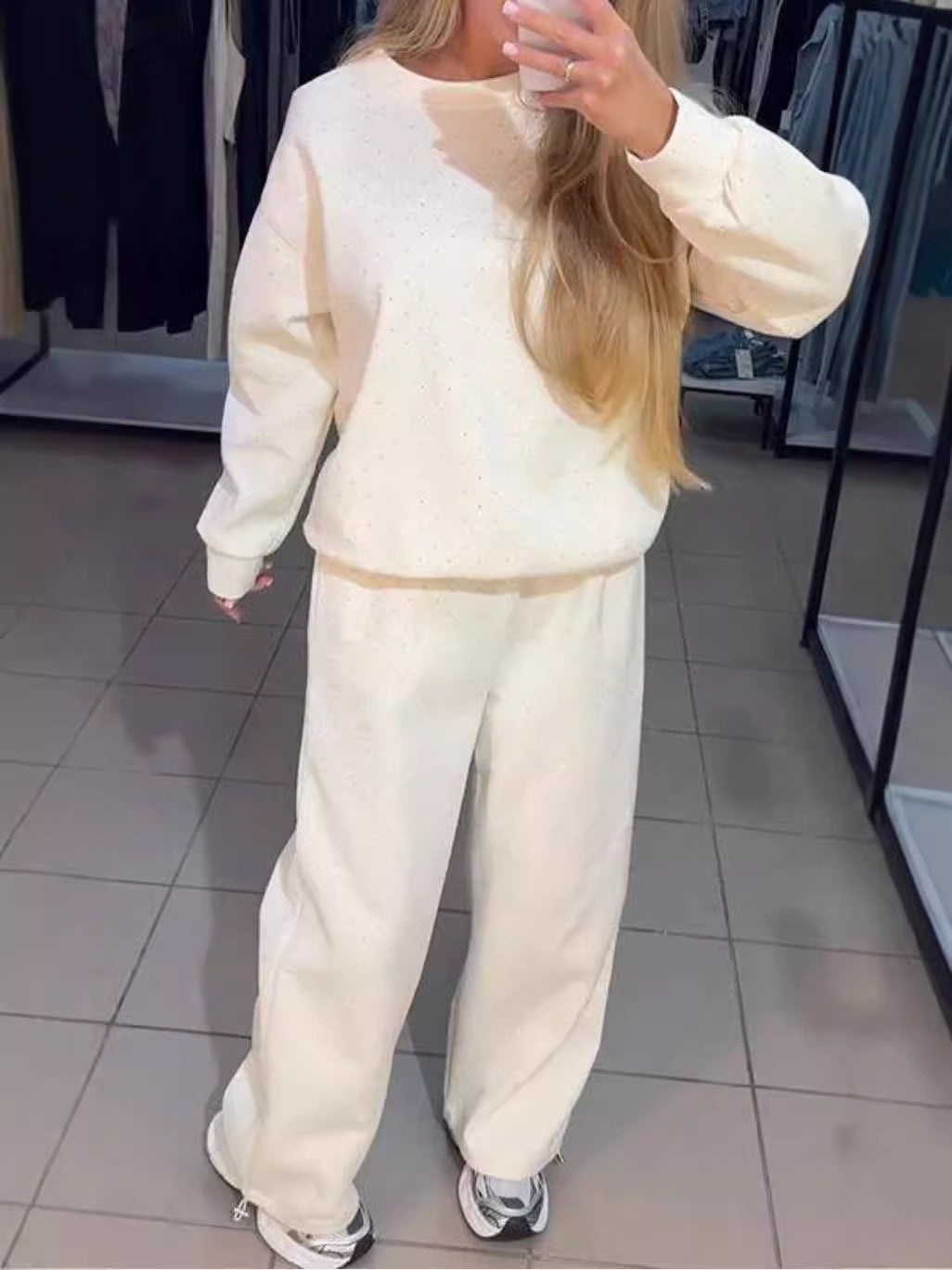 2024 European and American cross-border autumn and winter hot women's casual round neck, long sleeves, hot diamond, drawstring and leg two-piece suit