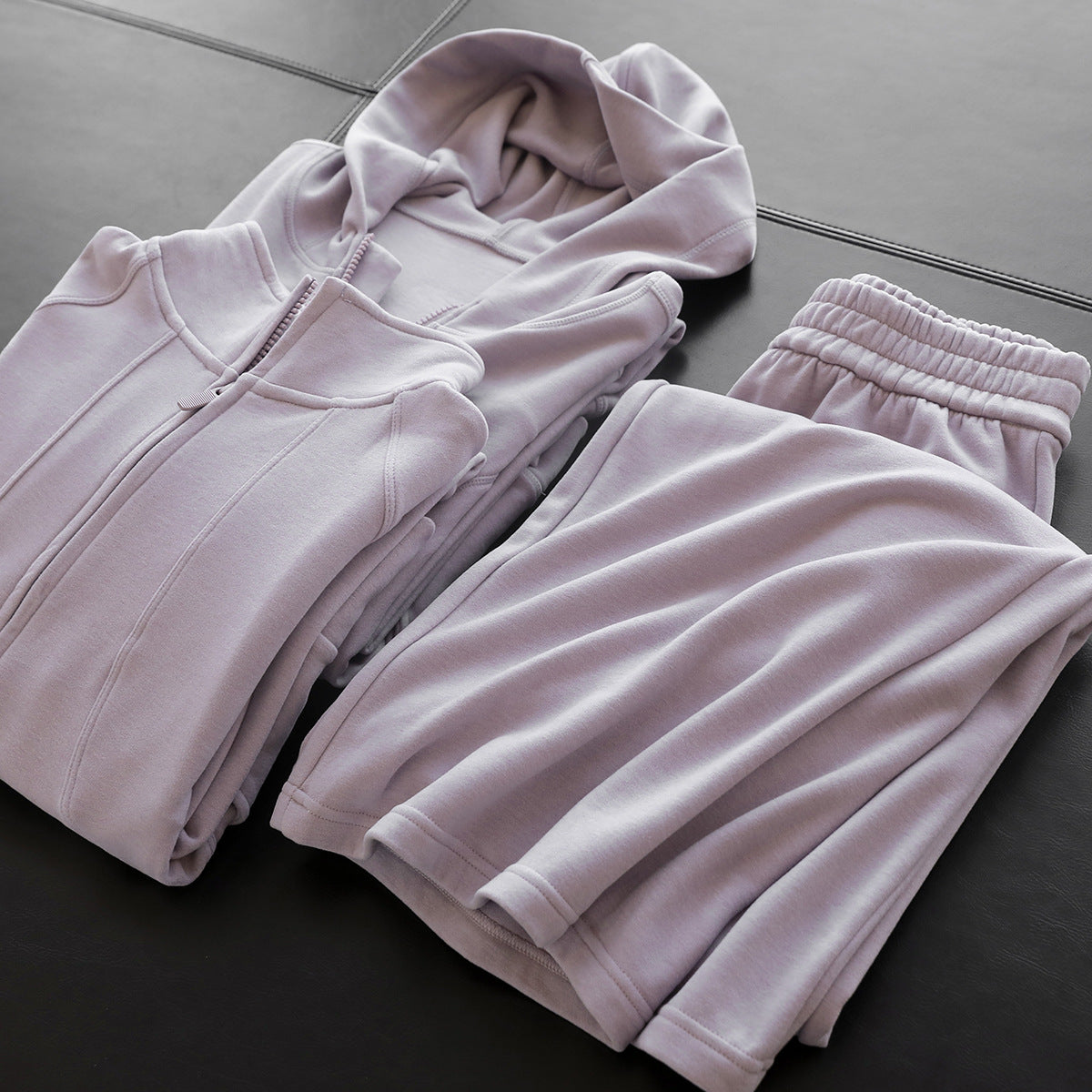 Comfortable fried with wool mulberry silk soft glutinous hood stand-up collar zipper jacket straight trouser set women's autumn 093
