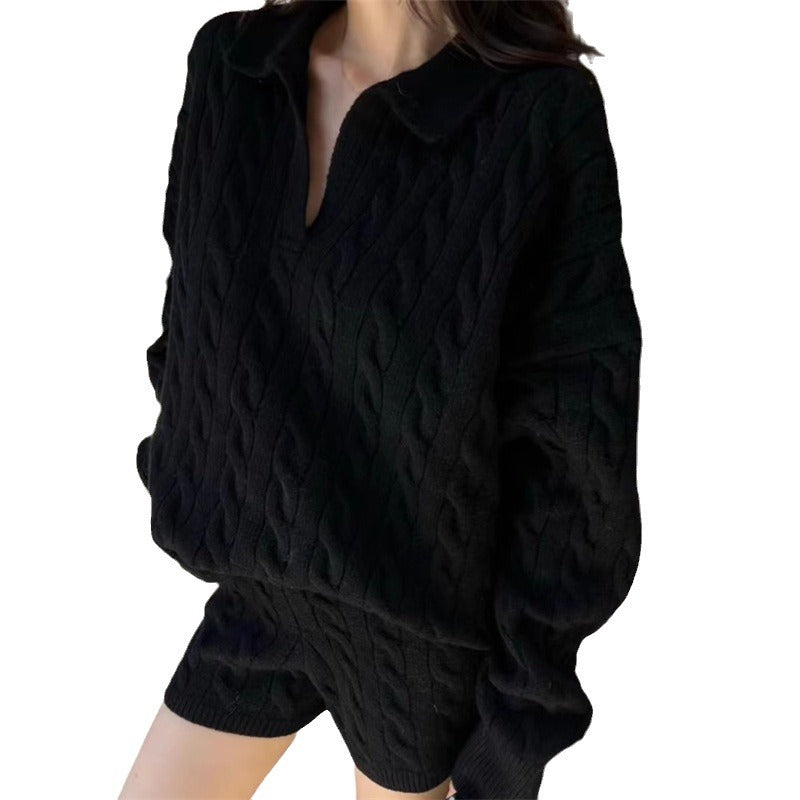 Cross-border Korean version of lapel slimming polo collar twist knitted sweater women's autumn and winter new high-waisted shorts two-piece set