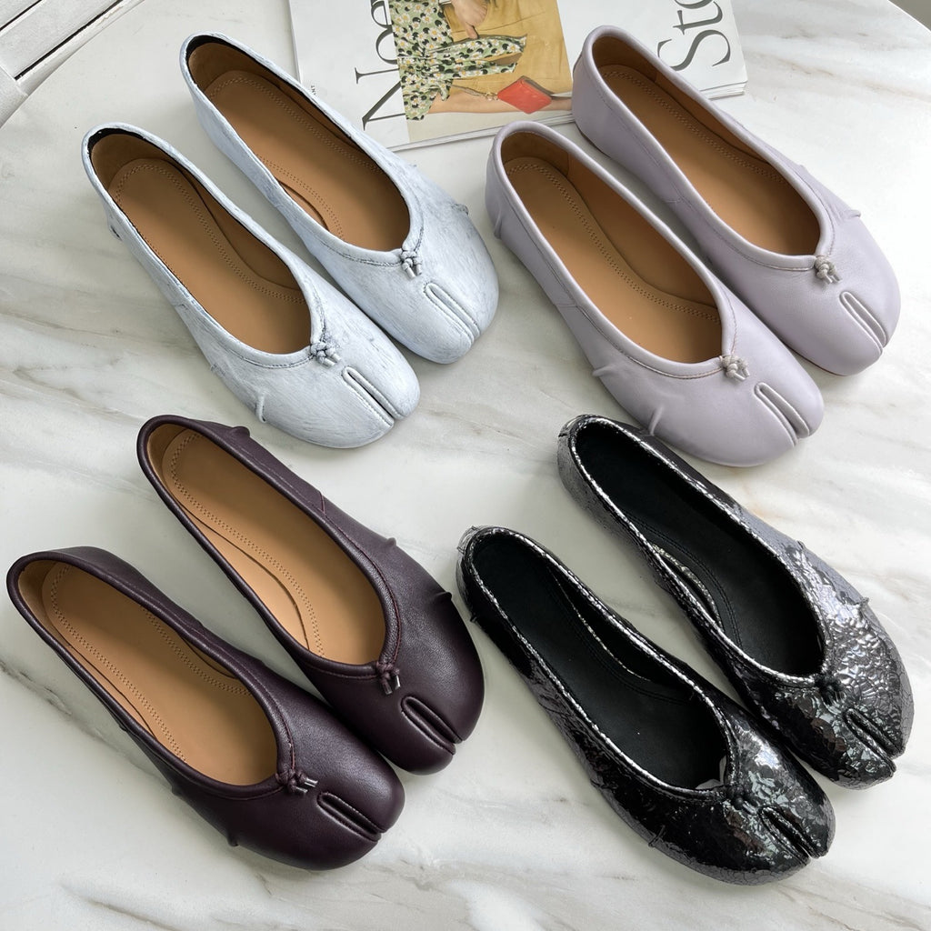 M*M6 unlabeled ballet flats, genuine leather TABI split-toe shoes, women's lamb hoof flat, shallow pleated high-end flats
