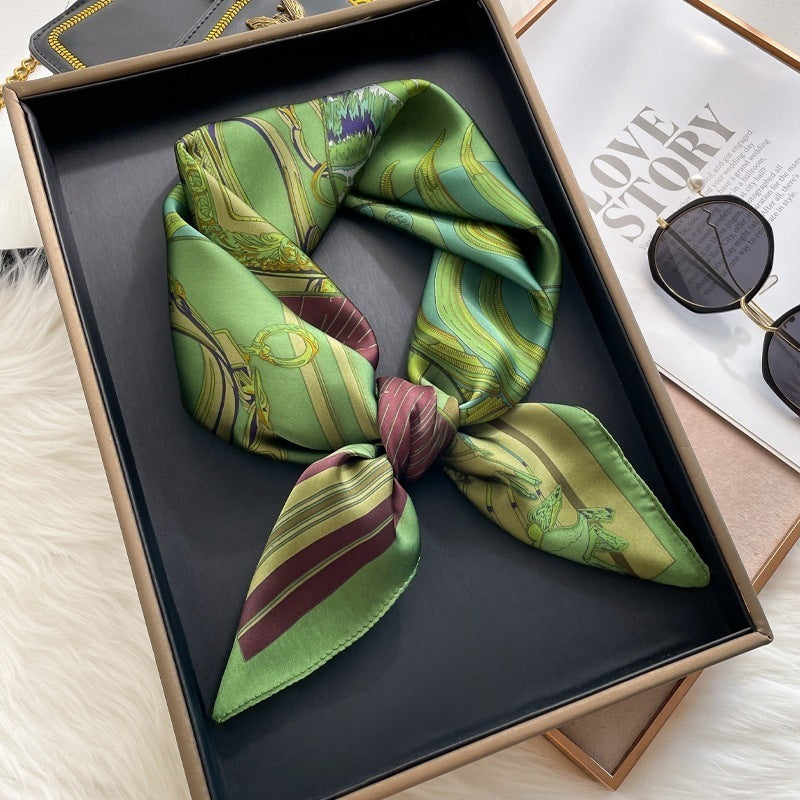 Small square scarf, Chinese style camellia spring and autumn silk scarf for women, Korean style versatile elegant imitation silk scarf, neckscarf tie, bag, and hair tie