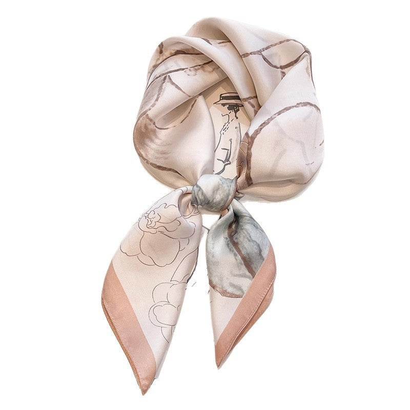 Small square scarf, Chinese style camellia spring and autumn silk scarf for women, Korean style versatile elegant imitation silk scarf, neckscarf tie, bag, and hair tie