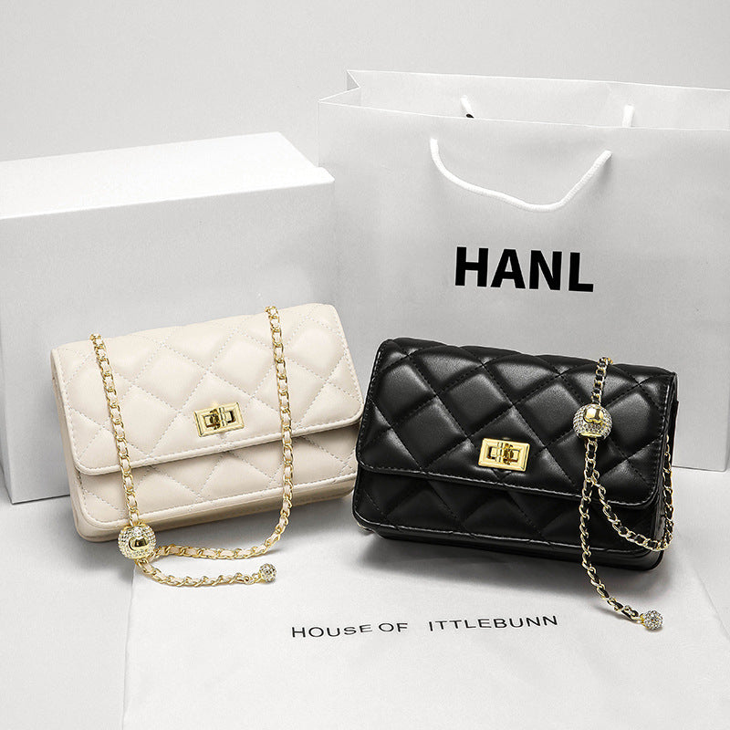 Small fragrance style leather large plaid crossbody bag one-shoulder women's diamond gold ball chain bag versatile small square bag diamond checkered