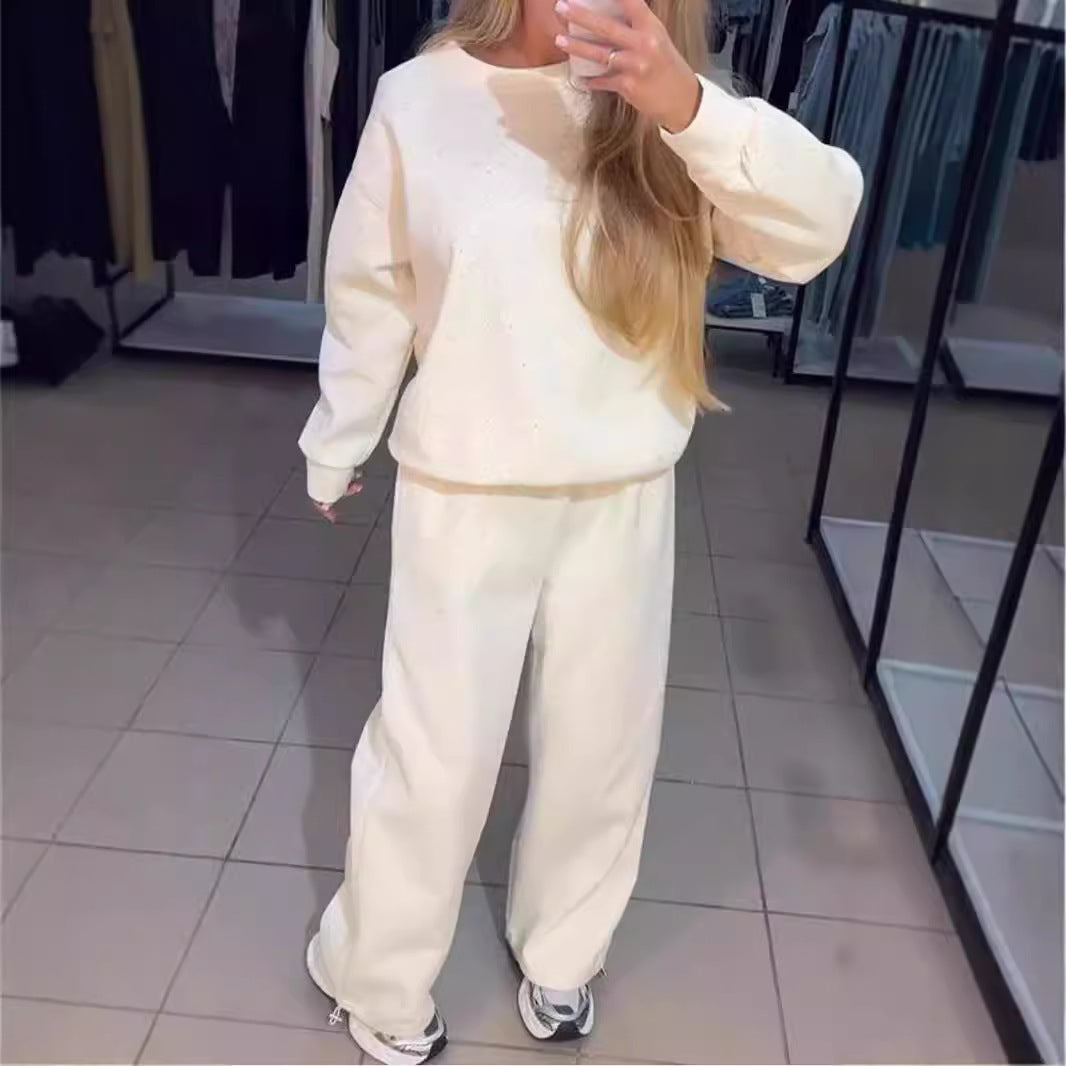 2024 European and American cross-border autumn and winter hot women's casual round neck, long sleeves, hot diamond, drawstring and leg two-piece suit