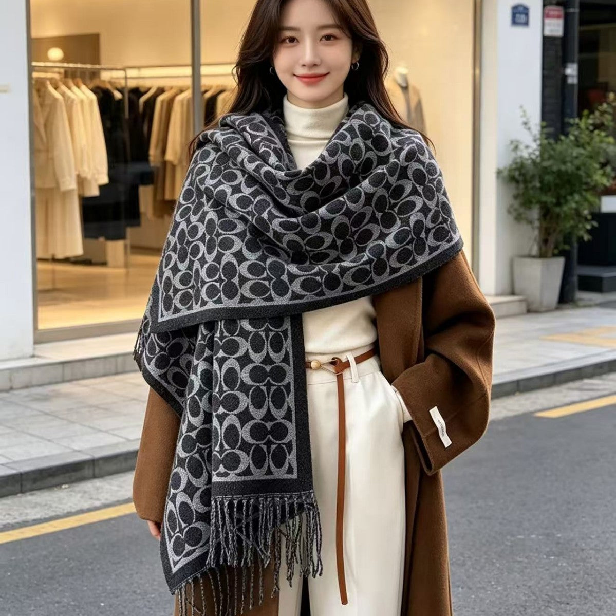 Best-selling cashmere double-sided scarf for women, winter high-end warm fringe shawl, versatile Korean fashion neck warmer