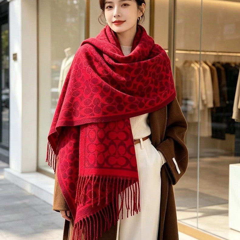 Best-selling cashmere double-sided scarf for women, winter high-end warm fringe shawl, versatile Korean fashion neck warmer