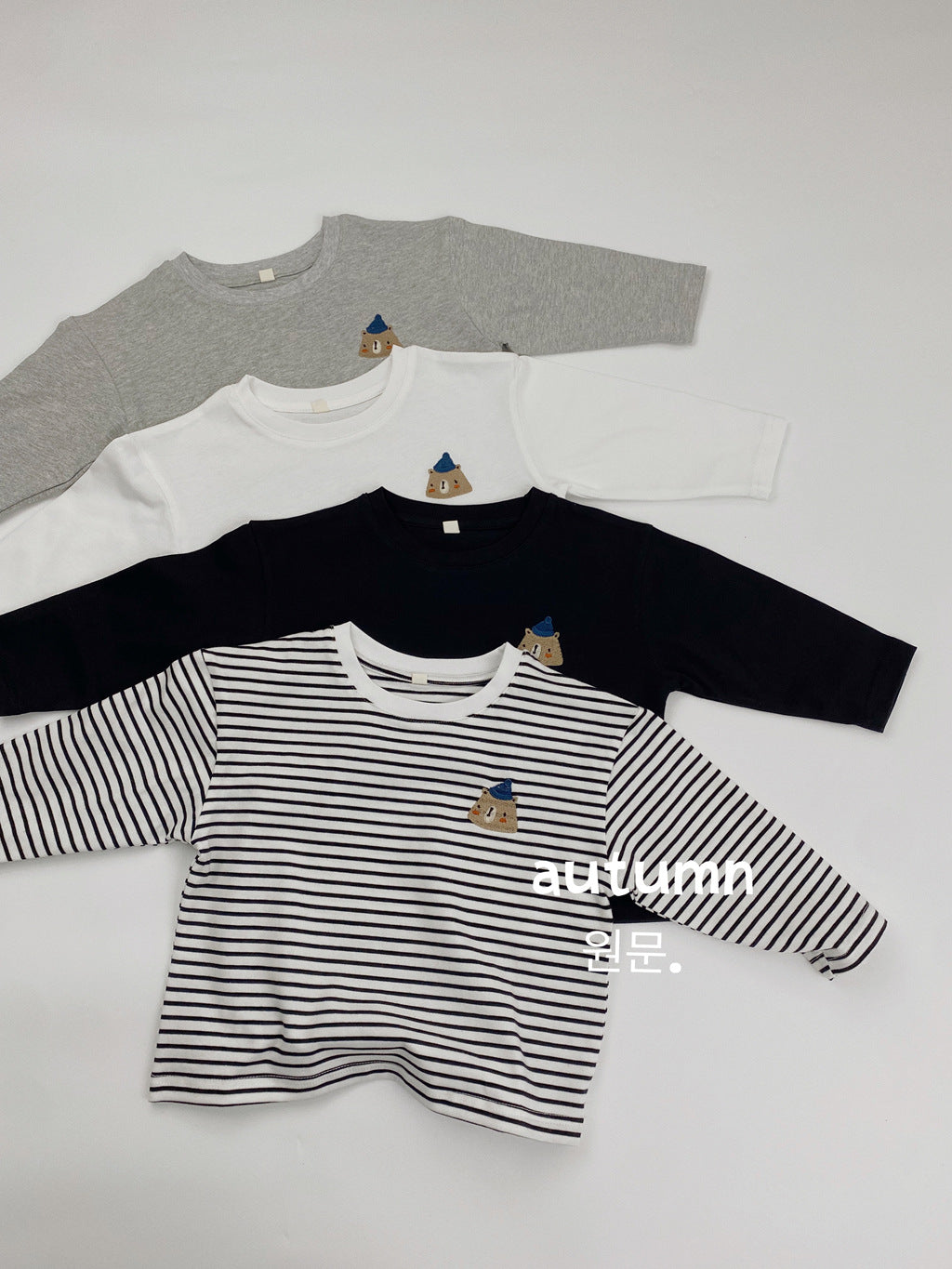 Children's T-shirt long sleeve autumn new Korean version boys' and girls' cartoon embroidered striped base shirt solid color versatile top
