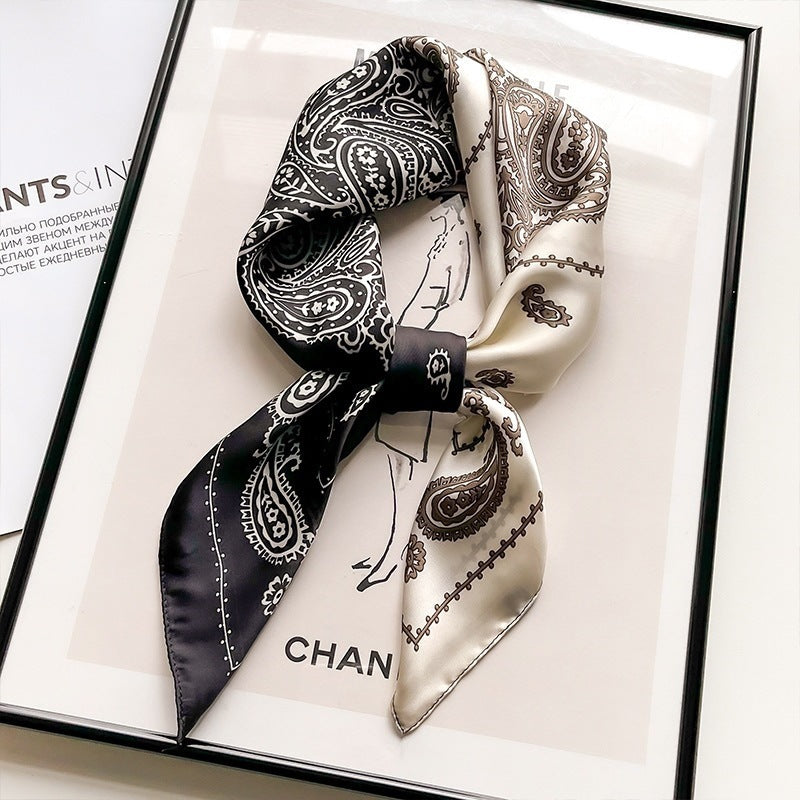 Small square scarf, Chinese style camellia spring and autumn silk scarf for women, Korean style versatile elegant imitation silk scarf, neckscarf tie, bag, and hair tie