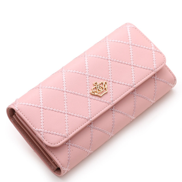 New popular women's wallet, long multi-functional rhombic crown embroidered tri-fold wallet, women's large-capacity mobile phone bag