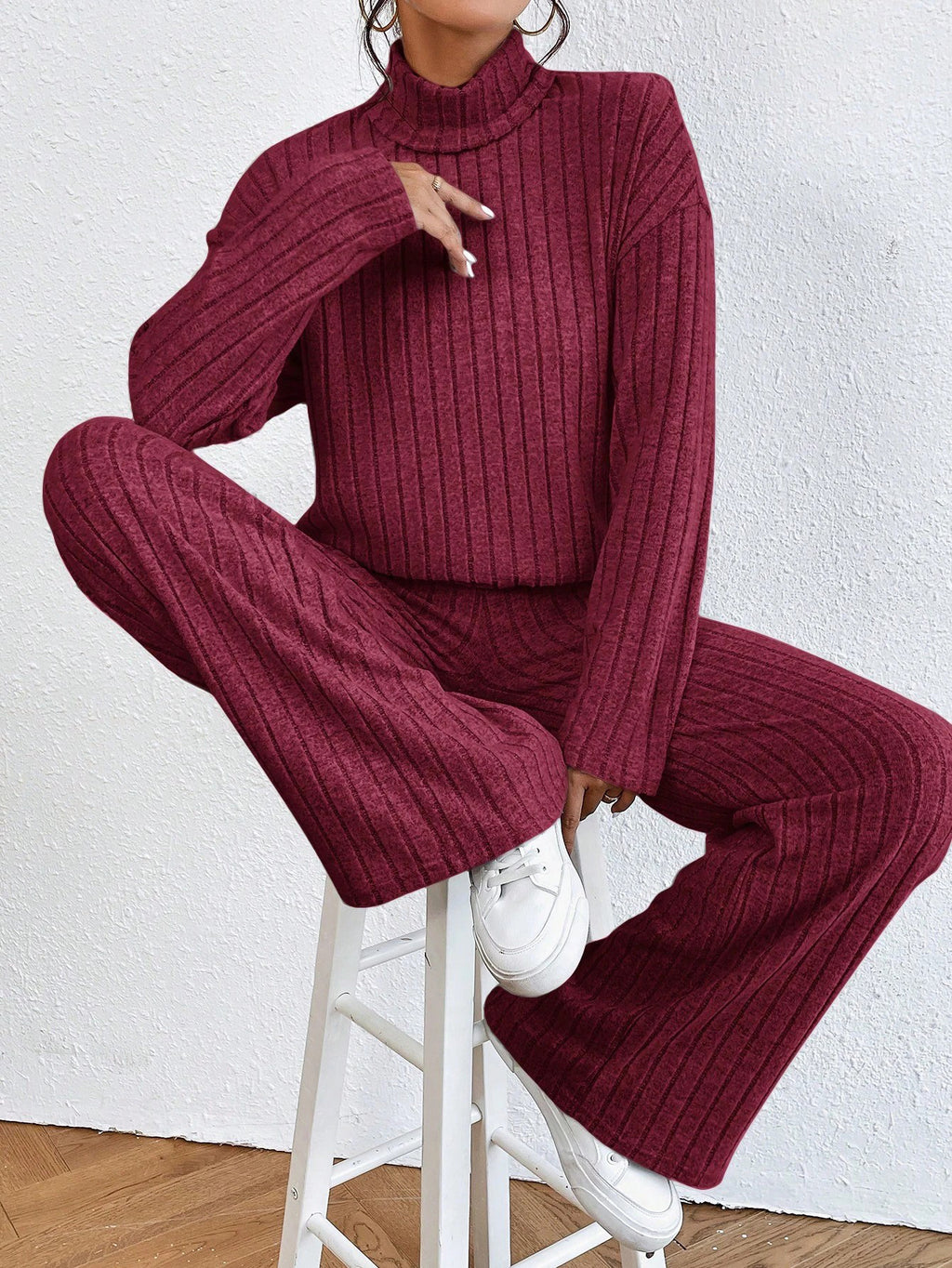European and American autumn and winter cross-border new fashion women's high neck simple casual long-sleeve sweatshirt straight-leg pants set