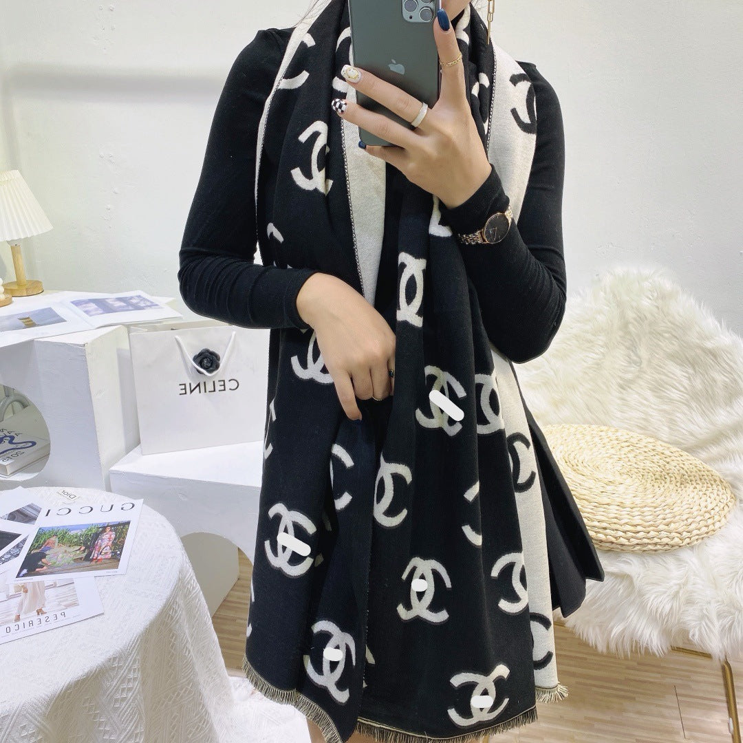 Imitation cashmere scarf women's double C with correct letters and label, shawl with label, warm scarf for women, cross-border wholesale with a light luxury and high-end feel