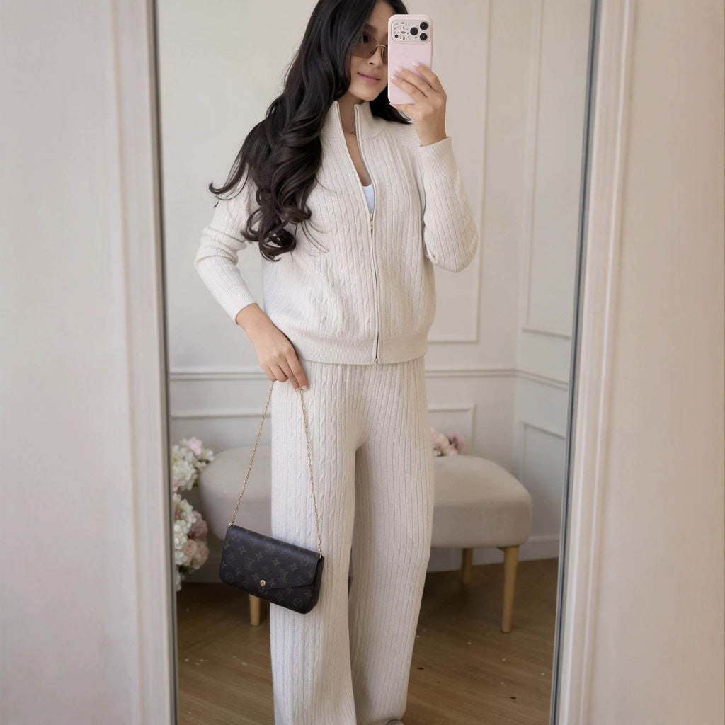 Knitted Two-Piece Outfit: Cross-border braided zipper cardigan + pants two-piece set for women