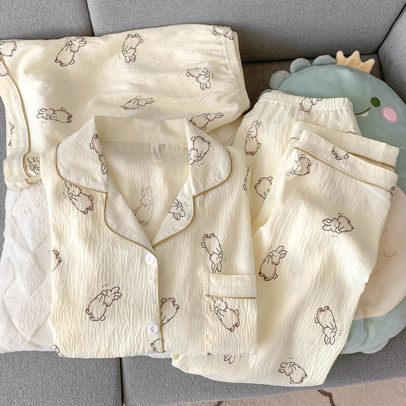 2025 New HelloKitty Cotton Gauze Pajamas Women's Summer Short Sleeve Long Pants Three-Piece Loungewear