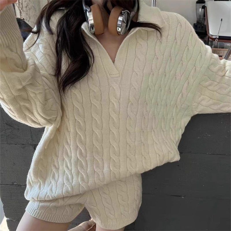 Cross-border Korean version of lapel slimming polo collar twist knitted sweater women's autumn and winter new high-waisted shorts two-piece set