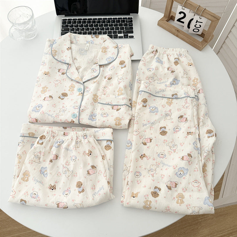 2025 New HelloKitty Cotton Gauze Pajamas Women's Summer Short Sleeve Long Pants Three-Piece Loungewear