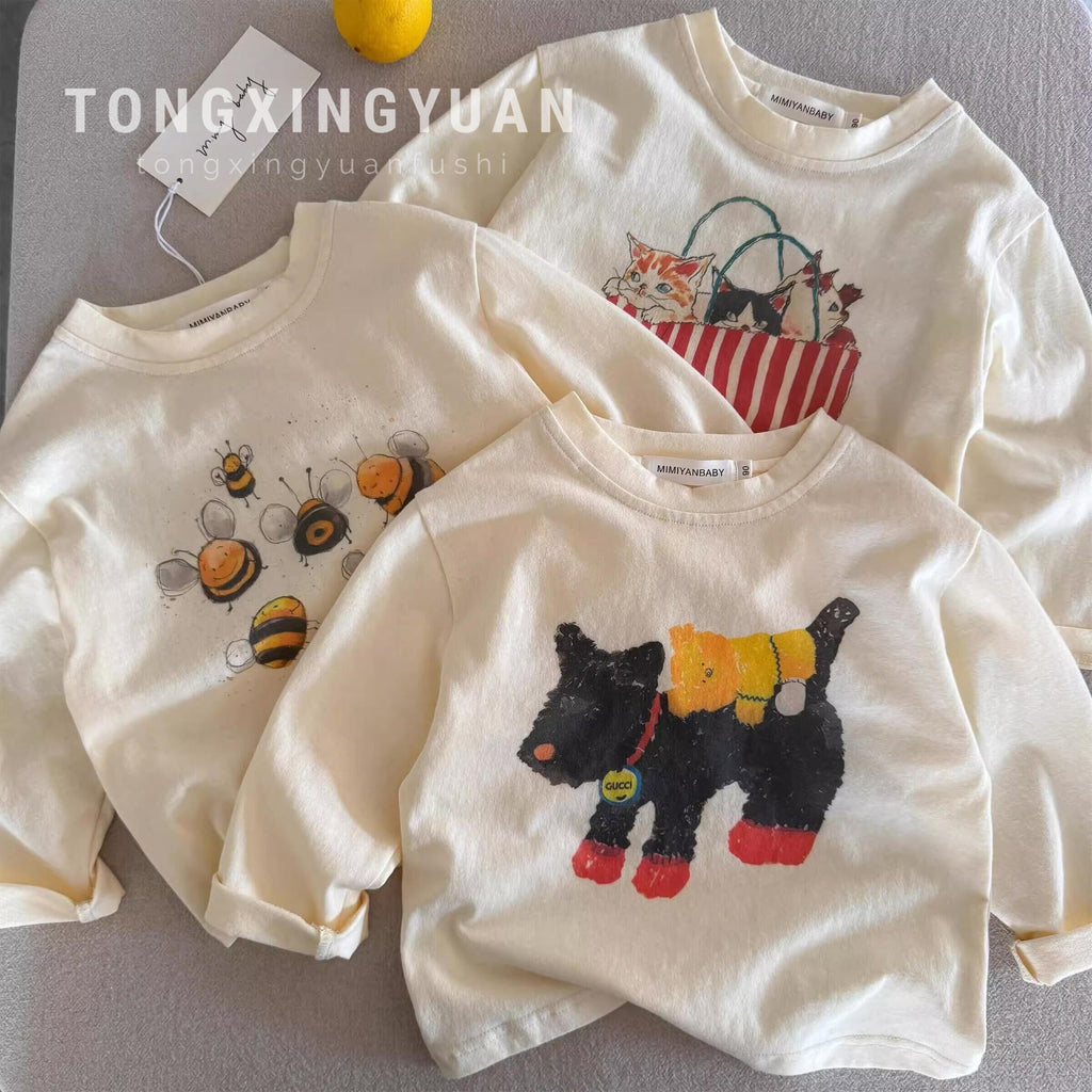 Tongxingyuan children's cartoon T-shirt, spring/autumn new boys' tops, baby long-sleeve trendy girls' base shirt, pure cotton T-shirt