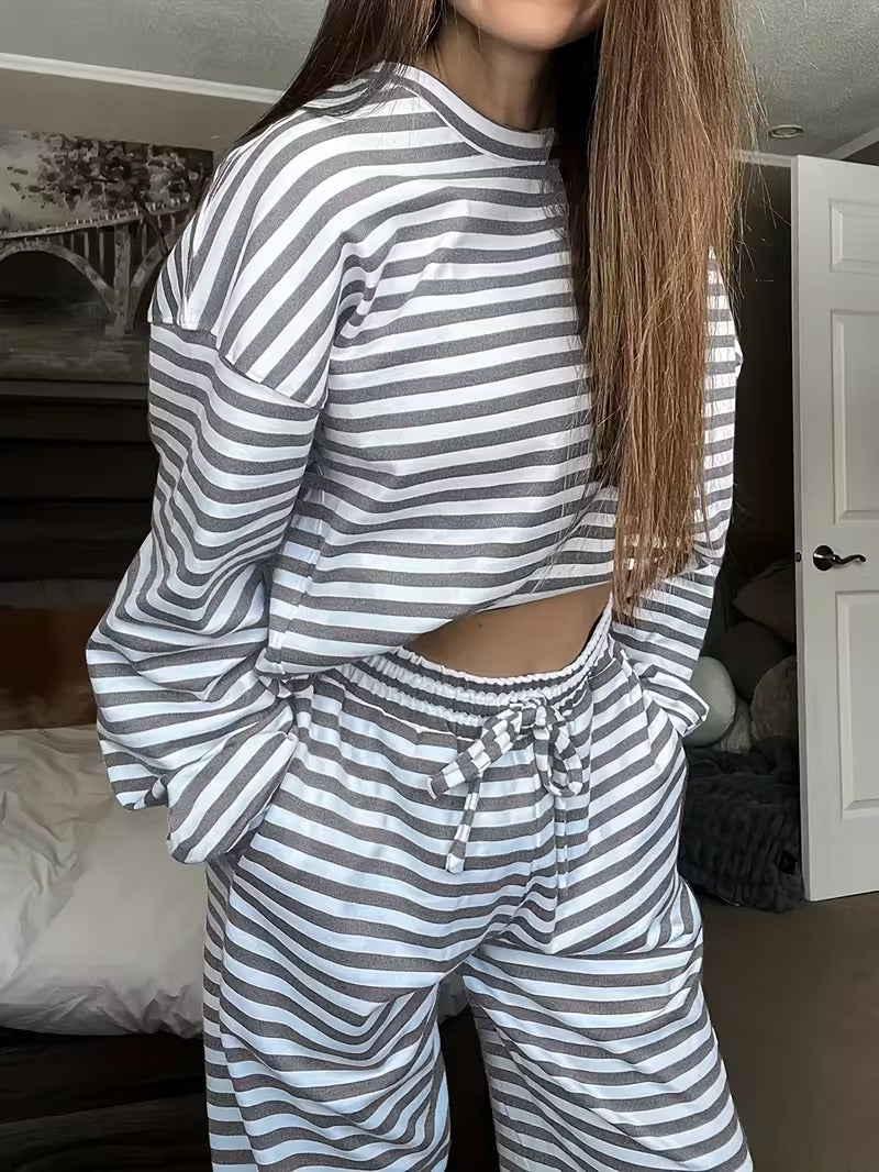 Amazon European and American women's hot-selling 2026 autumn striped long-sleeve tops, high-waisted pants, women's fashion casual sets