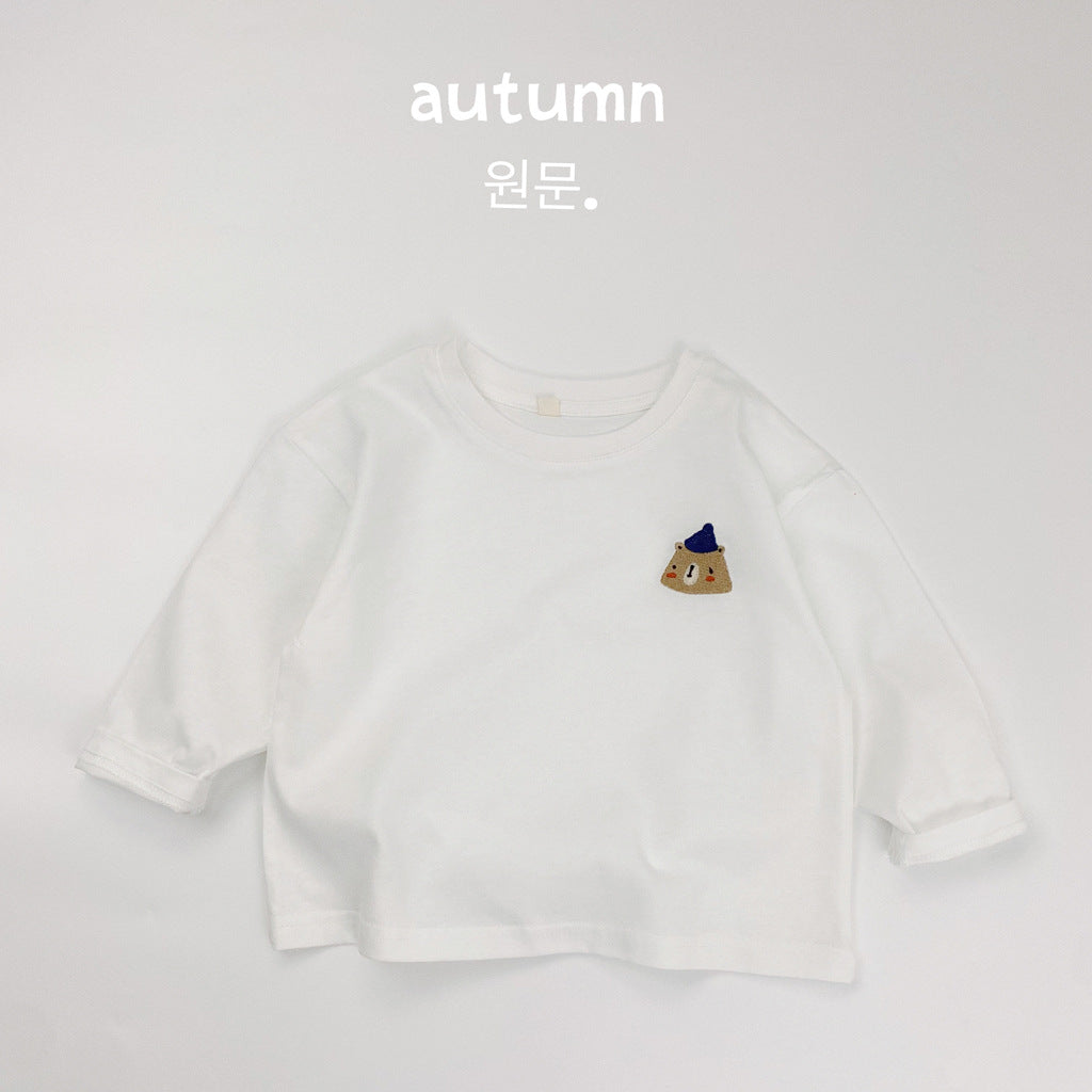 Children's T-shirt long sleeve autumn new Korean version boys' and girls' cartoon embroidered striped base shirt solid color versatile top