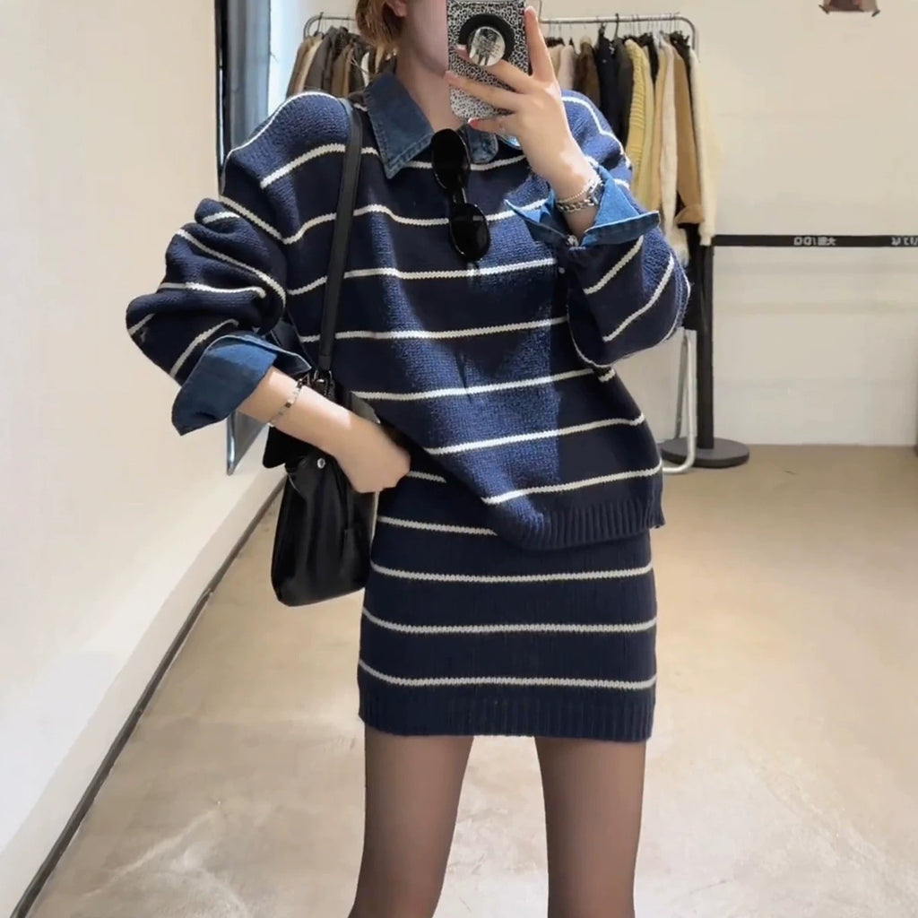 Denim lapel faux two-piece striped knit set, women's short loose sweater, high-waisted short skirt two-piece set