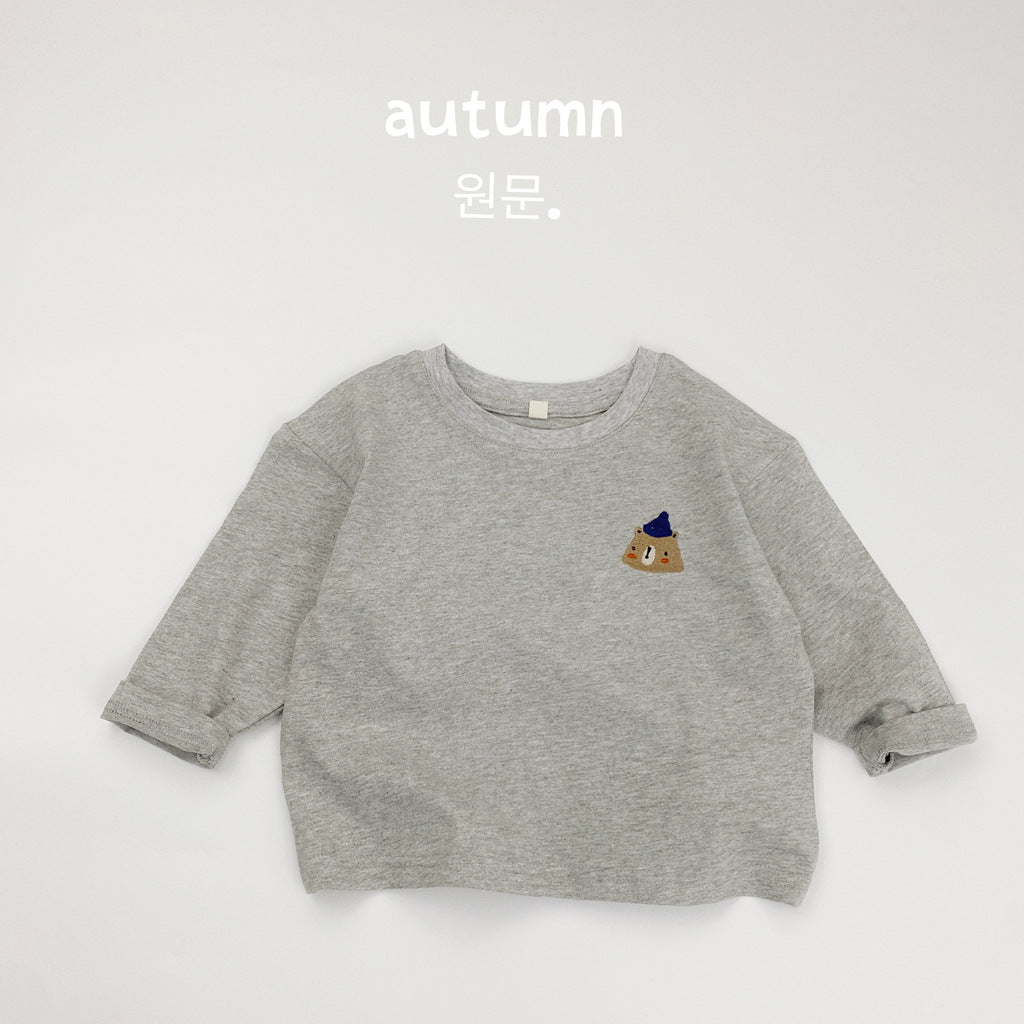 Children's T-shirt long sleeve autumn new Korean version boys' and girls' cartoon embroidered striped base shirt solid color versatile top