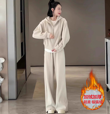 2026 Fashion Sportswear Set: Fleece-Lined Thickened Stand Collar Half Zipper Sweatshirt and Pants, Youthful Design Two-Piece Set for Women