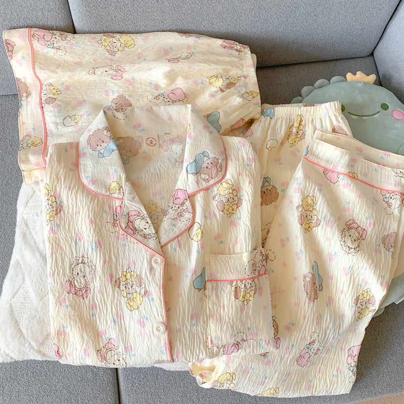 2025 New HelloKitty Cotton Gauze Pajamas Women's Summer Short Sleeve Long Pants Three-Piece Loungewear