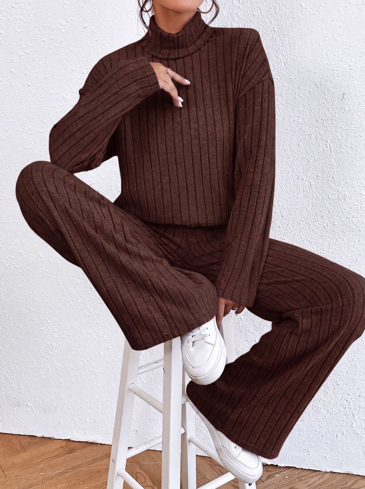 European and American autumn and winter cross-border new fashion women's high neck simple casual long-sleeve sweatshirt straight-leg pants set