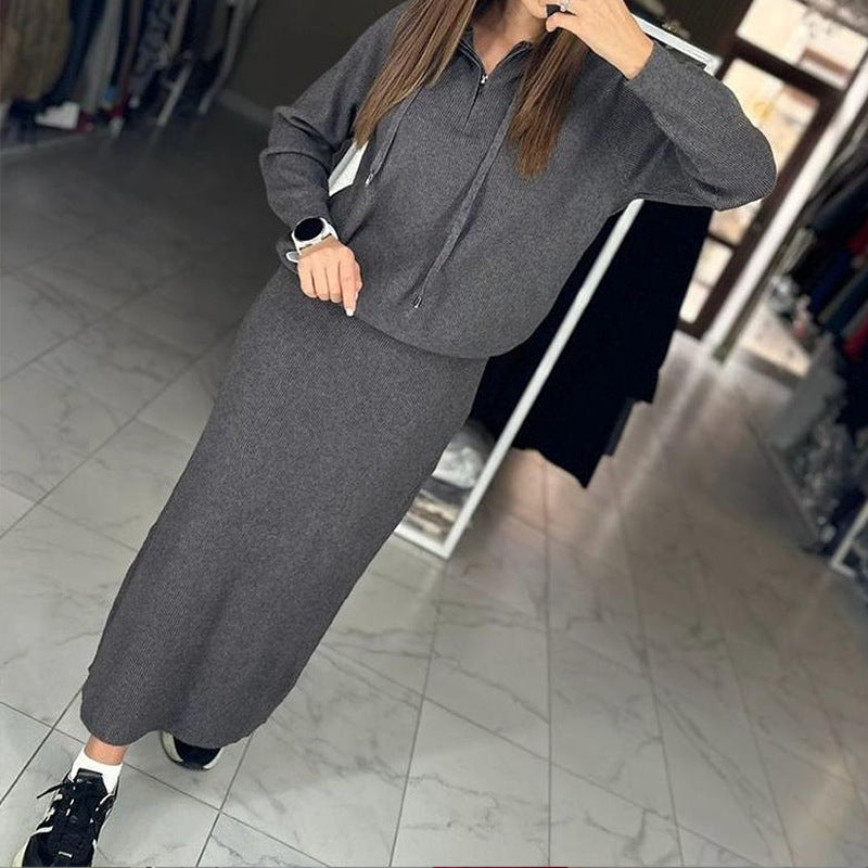 Spot knitwear, European and American foreign trade women's clothing, 2024 autumn new hooded sweatshirt, fashion casual skirt set