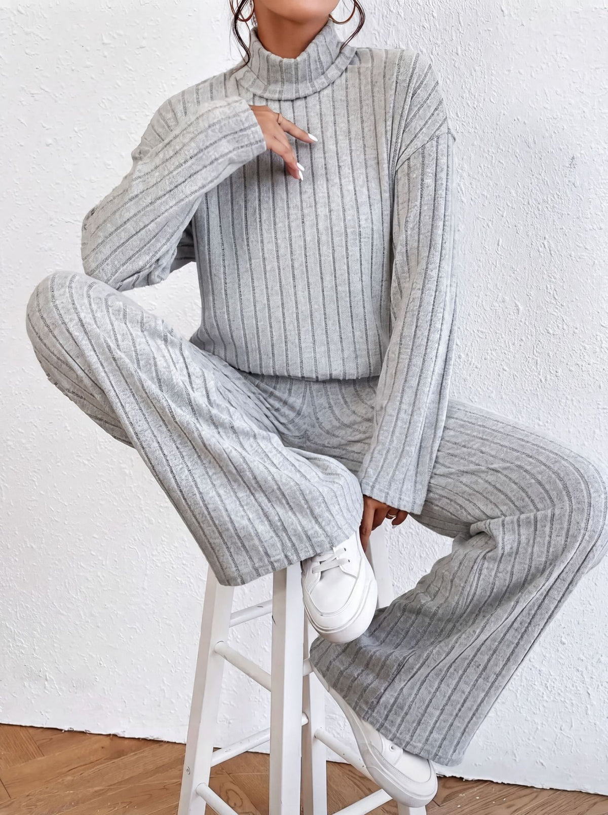 European and American autumn and winter cross-border new fashion women's high neck simple casual long-sleeve sweatshirt straight-leg pants set