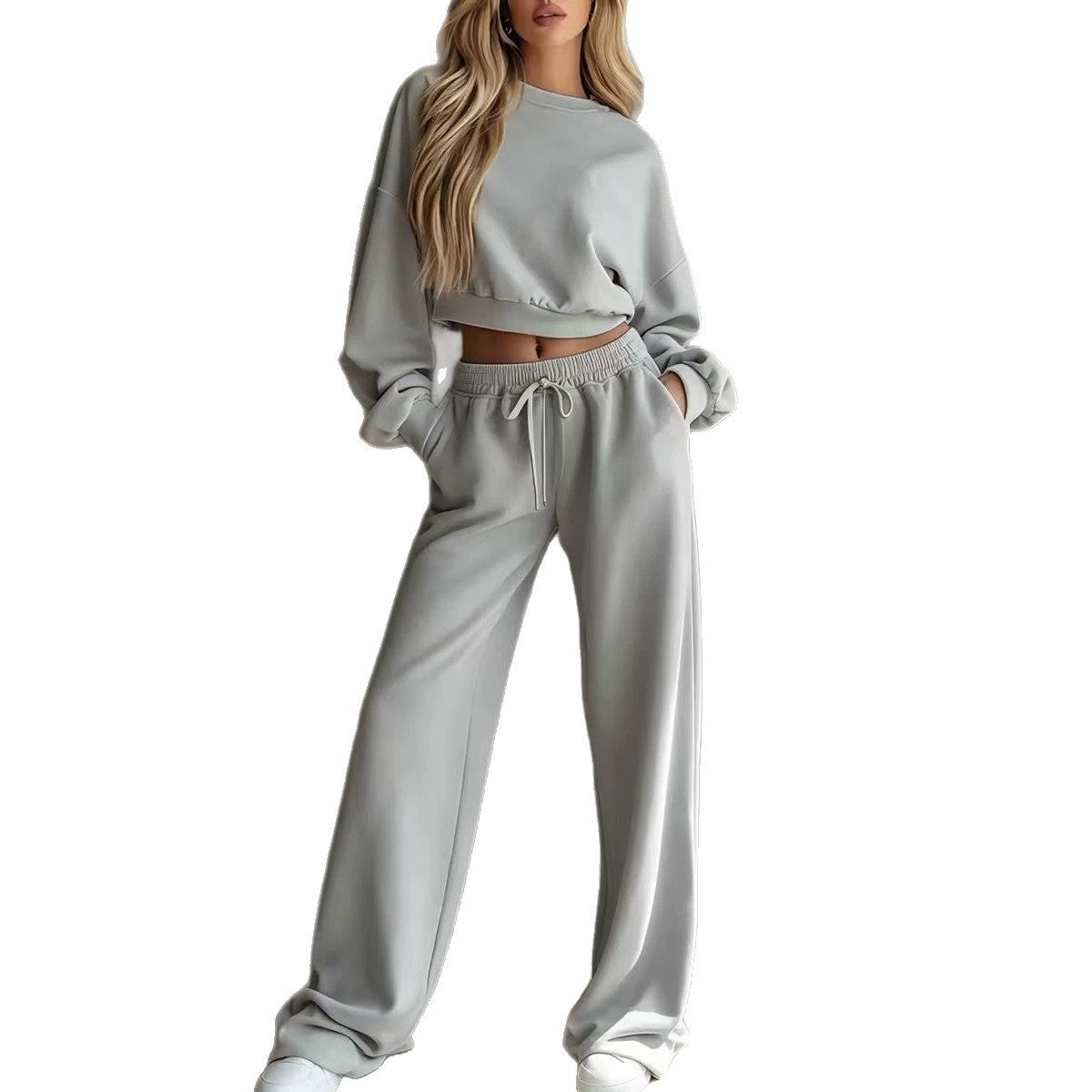 2026 cross-border European and American new autumn/winter casual ultra-short crew neck long-sleeve sweatshirt and wide-leg pants set for women