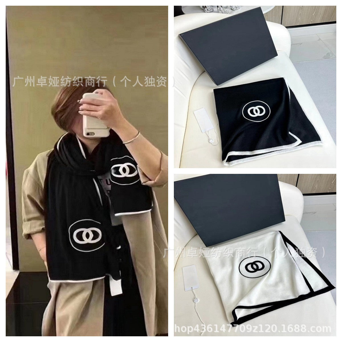 Autumn/Winter high-quality Chamelette cashmere scarf for women, double C letters, black and white circle, solid color, versatile double-sided shawl