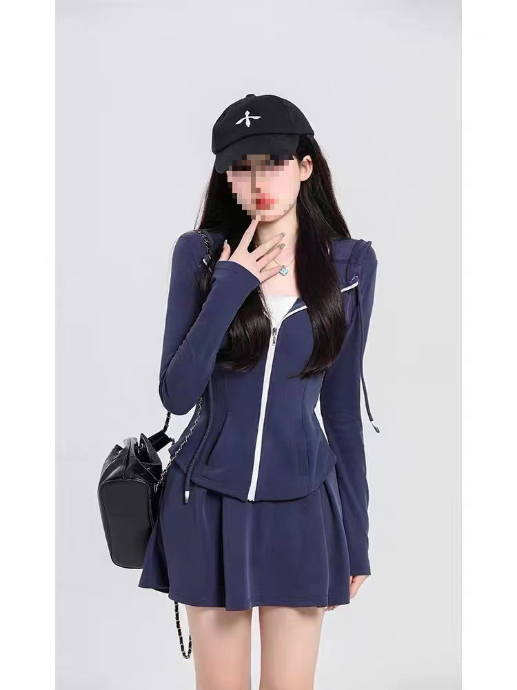 Casual sports set, sweet girl, slim fitted hooded cardigan, spring skirt two-piece set