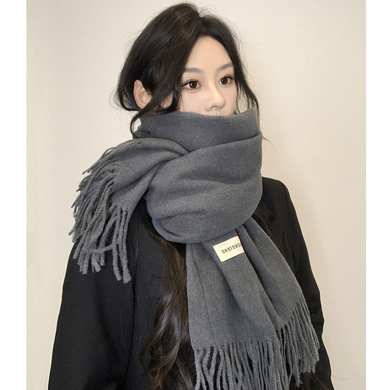 Gray high-end scarf women's autumn and winter new solid color versatile imitation cashmere shawl dual-purpose warm scarf thick men